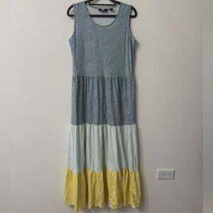 Land's End tiered maxi dress yellow and blue polka dots size S